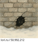 Illustration of a winter scene: a black cat peeks out from a crack in a broken brick wall surrounded by snow. Its bright eyes stand out against the gray-beige background. The image evokes feelings of anxiety, vulnerability and loneliness, but at the same time - lively interest and resilience. Suitable for themes of animal protection, homeless animals, winter and street life. Стоковое AI-изображение, AI-художник Анна Кривицкая / Фотобанк Лори