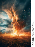 Tornado tearing through a town, illustrating the impact of natural disasters. Concept: Aftermath of natural disasters. For educational, emergency preparedness, and insurance materials. Стоковое AI-изображение, AI-художник Лариса Пономарева / Фотобанк Лори