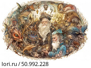 A fantastic fantasy illustration depicting two wise wizards surrounded by mythical creatures and fairy-tale creatures. The painting is richly detailed, in an ornamental frame, with elements of magic, alchemy and ancient wisdom. Vivid fantastic images, a mysterious atmosphere and many characters make the image ideal for use in books, games, tabletop role-playing projects, as well as in the design of magical or fairy-tale themes. Стоковое AI-изображение, AI-художник Анна Кривицкая / Фотобанк Лори