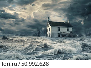 Isolated house amidst turbulent floodwaters under a stormy sky, portraying the impact of natural disasters. Concept: Aftermath of natural disasters. For educational and news materials. Стоковое AI-изображение, AI-художник Лариса Пономарева / Фотобанк Лори