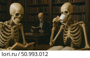 Skeletons sitting in a library reading books and drinking coffee. Стоковое AI-видео, аниматор Екатерина Усенко / Фотобанк Лори