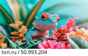 Close-up of a vibrant gecko amidst colorful blossoms. Стоковое AI-изображение, AI-художник Данила Большаков / Фотобанк Лори
