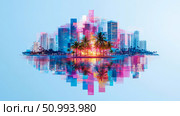 Tropical Cityscape Reflection: A Digitally Altered Seascape. Стоковое AI-изображение, AI-художник Данила Большаков / Фотобанк Лори