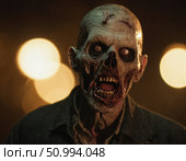 A ghastly zombie man stares wide-eyed into the darkness, showcasing decayed features and bloodied skin, surrounded by a haunting, dimly lit backdrop that enhances the horror Generative AI. Стоковое AI-изображение, AI-художник Юлия Петровская / Фотобанк Лори