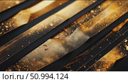 Shiny golden strips create striking patterns on a dark background in an artistic display of color and texture. Стоковое AI-видео, аниматор Сергей Толмачёв / Фотобанк Лори