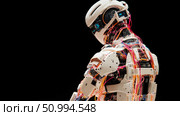 Advanced humanoid robot showcasing intricate internal wiring and mechanical components against a black background. Стоковое AI-изображение, AI-художник Данила Большаков / Фотобанк Лори