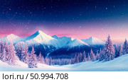 Enchanted Snowy Peaks Under Starlit Sky: A Winter Scene. Стоковое AI-изображение, AI-художник Данила Большаков / Фотобанк Лори