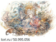 A fantastic fantasy watercolor illustration depicting a beautiful girl with silver hair surrounded by magical creatures, birds and mythical beasts. The composition is filled with lightness, movement and a fairy-tale atmosphere, like a living legend or dream. The illustration evokes associations with magic, nature and the mysteries of the ancient world. Ideal for book design, covers, wall posters, art projects and fantasy designs. Стоковое AI-изображение, AI-художник Анна Кривицкая / Фотобанк Лори