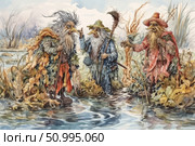 A watercolour illustration in the style of Slavic fantasy, depicting three fairy-tale elders - swamp spirits or forest spirits. Each of them is dressed in shaggy, leafy clothes, with long beards and staffs. They stand in the middle of the water, surrounded by reeds, dried vegetation and a magical atmosphere. The work is filled with folklore motifs, humor and mythological coloring. Ideal for use in projects related to folk tales, book illustrations, fantasy plots and ethnic style. Стоковое AI-изображение, AI-художник Анна Кривицкая / Фотобанк Лори