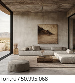 Modern minimalist living room interior with panoramic views of the desert. Natural textures, calm shades of beige and sand create an atmosphere of coziness and privacy. A low modular sofa, a wooden table, a handmade rug and a painting with a mountain landscape emphasize the naturalness and harmony of the space. Ideal for interior design, architectural projects, lifestyle magazines, eco-design and advertising materials. Стоковое AI-изображение, AI-художник Анна Кривицкая / Фотобанк Лори
