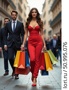 A confident woman dressed in elegant red confidently walks through a bustling street, flaunting vibrant shopping bags Generative AI. Стоковое AI-изображение, AI-художник Юлия Петровская / Фотобанк Лори