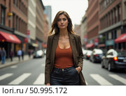 In a lively city street, a stunning woman strolls confidently amidst the hustle and bustle. Her elegant attire complements the dynamic urban setting as she navigates the crosswalk Generative AI. Стоковое AI-изображение, AI-художник Юлия Петровская / Фотобанк Лори