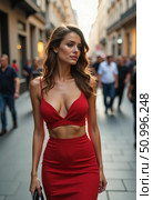 A striking woman with long hair strolls through a vibrant street, wearing a stylish red outfit that highlights her figure, surrounded by an energetic crowd enjoying the evening Generative AI. Стоковое AI-изображение, AI-художник Юлия Петровская / Фотобанк Лори
