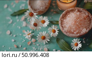 Relaxing spa setup with floral accents and Himalayan salt on a turquoise background. Стоковое AI-видео, аниматор Сергей Толмачёв / Фотобанк Лори