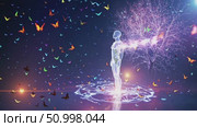 Luminescent human silhouette standing near enchanted tree, colorful butterflies swirling around, representing spiritual bond between human essence and natural world. Стоковое AI-видео, аниматор Данил Руденко / Фотобанк Лори