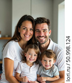 A cheerful family is gathered in a bright living room, with parents holding their two young children close, sharing laughter and love on a warm, sunny day Generative AI. Стоковое AI-изображение, AI-художник Юлия Петровская / Фотобанк Лори