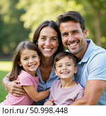 A joyful family gathers in a lush green park, embracing each other with smiles of love. Two children, a son and a daughter, radiate happiness beside their parents Generative AI. Стоковое AI-изображение, AI-художник Юлия Петровская / Фотобанк Лори