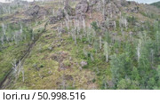 Scenic landscape featuring steep mountains and dense forests in a valley, with dramatic cloud formations above, highlighting the tranquility of the natural environment. Стоковое видео, видеограф Ирина Ручушкина / Фотобанк Лори