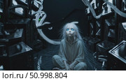 Pale cyborg female resting on server room floor, networking amid glowing blue eyes, tangled cables, blinking technological infrastructure surrounding body. Стоковое AI-видео, аниматор Данил Руденко / Фотобанк Лори