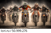 Group of motocross riders in colorful gear racing through a dusty track, showcasing speed and excitement in a competitive outdoor environment with dynamic motion. Стоковое AI-изображение, AI-художник Ирина Ручушкина / Фотобанк Лори