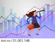Effective manager looks into telescope into distance trying to predict future. businesswoman on background of different schedules. Female business vision concept. Стоковая иллюстрация, иллюстратор Данила Большаков / Фотобанк Лори