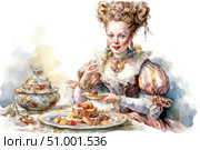 Watercolor portrait of an 18th century lady at dessert. The woman in a luxurious lace ball gown decorated with pearls and flowers enjoys an exquisite treat - fruit cakes. The atmosphere of sophistication and baroque aesthetics, carefully drawn details: porcelain dishes with floral patterns, exquisite jewelry, rococo hairstyle. The work is done in soft pastel colors with warm accents, creating a feeling of coziness, elegance and taste of the Louis XVI era. Стоковое AI-изображение, AI-художник Анна Кривицкая / Фотобанк Лори