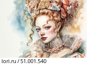 Watercolor portrait of a young aristocrat in the Rococo style. The girl has expressive eyes, porcelain skin and a lush hairstyle decorated with ribbons and flowers. She is wearing a lace collar, massive earrings and a luxurious dress with frills. The image is made with soft color transitions, pastel shades and elegant detailing, which creates a sense of fabulous sophistication and historical charm. Ideal for book covers, interior design, posters, vintage and historical art collections. Стоковое AI-изображение, AI-художник Анна Кривицкая / Фотобанк Лори