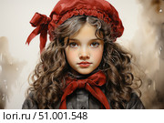 Portrait of a beautiful girl with curly hair, dressed in an old outfit with a large bow and a bright red cap. Her large expressive eyes and soft facial features create an image from a fairy tale or historical era. The illustration is made in a realistic painting technique with elements of watercolor, creating an atmosphere of warmth and mystery. Ideal for book covers, postcards, illustrations for children's fairy tales and vintage projects. Стоковое AI-изображение, AI-художник Анна Кривицкая / Фотобанк Лори