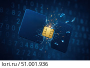 A SIM card fractures amidst a backdrop of binary code, symbolizing the fragility of digital communication in today's technology-driven world. Стоковое AI-изображение, AI-художник Башкирова Анна / Фотобанк Лори
