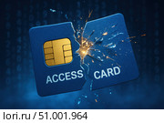 A Dramatic Representation of a Broken Access Card, Symbolizing Security Breaches and Vulnerabilities in Modern Digital Systems and Payment Methods. Стоковое AI-изображение, AI-художник Башкирова Анна / Фотобанк Лори