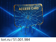 A Cracked Access Card Surrounded by Blue Light and Digital Patterns, Signifying Security Challenges and Technological Vulnerabilities in Modern Systems. Стоковое AI-изображение, AI-художник Башкирова Анна / Фотобанк Лори