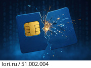 A Dynamic Depiction of a SIM Card Fragmenting with Sparks Amidst a Digital Background Signifying Data Disruption and Security Challenges. Стоковое AI-изображение, AI-художник Башкирова Анна / Фотобанк Лори