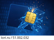 Explosive Innovation: A SIM Card Shattering Through Digital Barriers, Symbolizing Data Security and Technological Advancement in Telecommunications. Стоковое AI-изображение, AI-художник Башкирова Анна / Фотобанк Лори