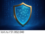 A Digital Shield Symbolizing Cybersecurity, Protection, and Data Security Against Cyber Threats and Vulnerabilities in the Modern Technological Landscape. Стоковое AI-изображение, AI-художник Башкирова Анна / Фотобанк Лори