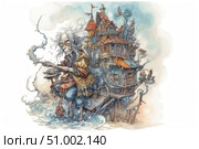 A fantasy watercolor illustration with humor and fairy-tale elements. It depicts an old woman with an outlandish appearance - long gray hair, protective glasses, a magic staff and bright clothes. She sits by a bizarre wooden house, as if built from parts of different buildings, with many windows, pipes and ledges. The whole scene is full of small details, wavy lines and a light fantastic atmosphere. The picture can be suitable for book design, cards, children's and fairy-tale projects. Стоковое AI-изображение, AI-художник Анна Кривицкая / Фотобанк Лори