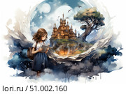 Atmospheric fantasy illustration: a girl with a backpack reading a book, from which a magical world is literally born - a castle on a floating island, a tree of life, moons and flying birds. The picture conveys a sense of magic, imagination and the power of books that can open up other worlds. Perfect for decorating covers, children's books, posters, educational projects and illustrations for fairy tales. Стоковое AI-изображение, AI-художник Анна Кривицкая / Фотобанк Лори