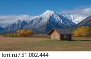 Cozy wooden cabin nestled in autumn valley with majestic snow capped mountain. Стоковое AI-видео, аниматор Юрий Поздников / Фотобанк Лори