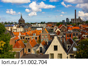 View from above of historic center of Leiden with St. Mary church and power station. Стоковое фото, фотограф Яков Филимонов / Фотобанк Лори