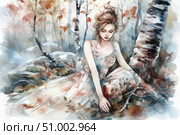 Watercolor illustration of a girl in a light dress, sitting by a birch tree in an autumn forest. Her gaze is lowered, her facial expression is thoughtful and calm. The color palette is soft, with a predominance of pastel tones: ocher-red leaves, cold blue and snow-white background. The work is filled with an atmosphere of silence, solitude and autumn melancholy. Ideal for decorating postcards, books, magazines, meditative and emotional content. Стоковое AI-изображение, AI-художник Анна Кривицкая / Фотобанк Лори
