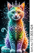 Разноцветный кристаллический кот с короной в фантастическом антураже. Стоковое AI-изображение, AI-художник Анастасия Пальчикова / Фотобанк Лори