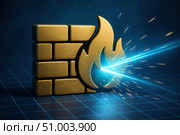 Firewall. A Symbolic Representation of Cybersecurity: A Golden Wall with an Emblematic Flame and Laser Beam, Illustrating Protection Against Digital Threats. Стоковое AI-изображение, AI-художник Башкирова Анна / Фотобанк Лори