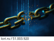 A Broken Chain Symbolizing the Disruption of Digital Security and the Erosion of Trust in Modern Technology Systems and Connections. Стоковое AI-изображение, AI-художник Башкирова Анна / Фотобанк Лори