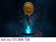 A Stunning Visualization of a Golden Key Representing Recovery Phrase in a Mystical Setting Surrounded by Sparkling Effects and Intriguing Background Elements. Стоковое AI-изображение, AI-художник Башкирова Анна / Фотобанк Лори