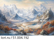 A majestic mountain landscape with snow-capped peaks stretching into the endless distance. Below, a valley stretches, covered with the first frosts and autumn leaves - flaming red-orange trees. A lonely figure of a traveler with a staff stands on a rock and watches the horizon. The picture is filled with an atmosphere of silence, the power of nature and anticipation of a great journey. Ideal for illustrating fantasy stories, games, books, tabletop RPGs and interior design. Стоковое AI-изображение, AI-художник Анна Кривицкая / Фотобанк Лори