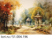Watercolor painting depicting an autumn park and old gazebos. Soft colors convey an atmosphere of coziness and tranquility, and architectural elements give the composition a classic charm. The warm palette of golden autumn with red, yellow and green shades makes the scene especially lively. Suitable for use in printing, postcards, wall calendars, books and interior prints. Стоковое AI-изображение, AI-художник Анна Кривицкая / Фотобанк Лори