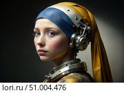 A Modern Take on the Girl With a Pearl Earring - A Futuristic Robot Portrait. Generative AI. Стоковое AI-изображение, AI-художник Roman Zavorotny / Фотобанк Лори