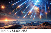 A Spectacular Meteor Shower Over an Alien Planet at Dawn. Generative AI. Стоковое AI-изображение, AI-художник Roman Zavorotny / Фотобанк Лори