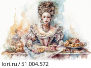 Watercolor portrait of an elegant lady in the Baroque or Rococo style. A woman in a luxurious dress with lace, jewelry and an intricate hairstyle sits at a table set with exquisite dishes - pastries, cakes, tea and fruits. The atmosphere of solemnity and refined comfort. Ideal for decorating restaurant menus, historical projects, packaging sweets and art publications. Стоковое AI-изображение, AI-художник Анна Кривицкая / Фотобанк Лори