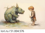 Watercolor illustration with a touching scene of a wild boy meeting an unusual kind creature. The boy in torn clothes holds a thin stick, and the creature, reminiscent of a fantastic beast, carefully reaches out to him. The picture conveys an atmosphere of childish fragility, primitive friendship, trust and inner strength. Suitable for children's books, fairy tales, illustrations for fantasy stories or philosophical parables. Стоковое AI-изображение, AI-художник Анна Кривицкая / Фотобанк Лори