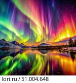Vibrant Aurora Bores Display Over a Tranquil Lake in Northern Canada. Generative AI. Стоковое AI-изображение, AI-художник Roman Zavorotny / Фотобанк Лори